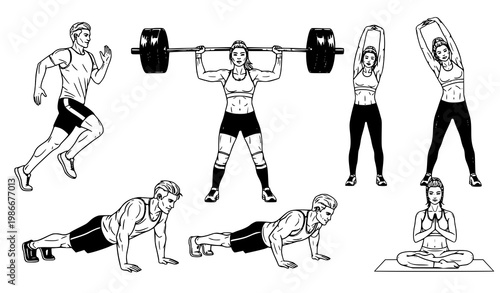 A black and white vector graphic illustration of various fitness exercises for men and women