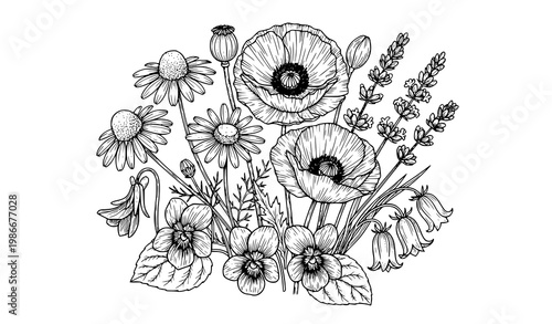 A beautiful black and white illustration of a bouquet of flowers
