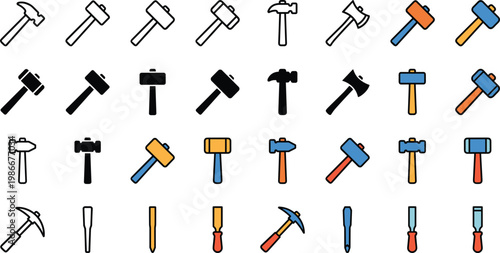 Hammer and Hand Tools Icon Set, Construction Work Tools Flat Line Vector Icons Collection
