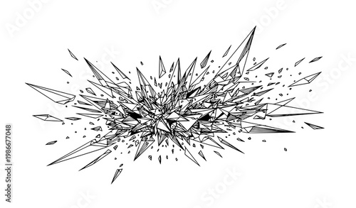 A dramatic vector graphic illustration of a shattered explosion in black and white