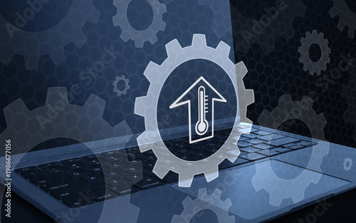 3D representation of an increasing temperature icon integrated with gears over a laptop keyboard conceptualizing system performance cooling overheating settings and hardware