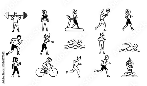 A set of minimalist vector icons depicting various fitness activities and exercises