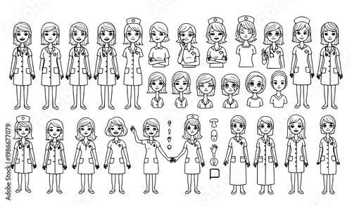 A set of cartoon female medical professionals in various poses and outfits