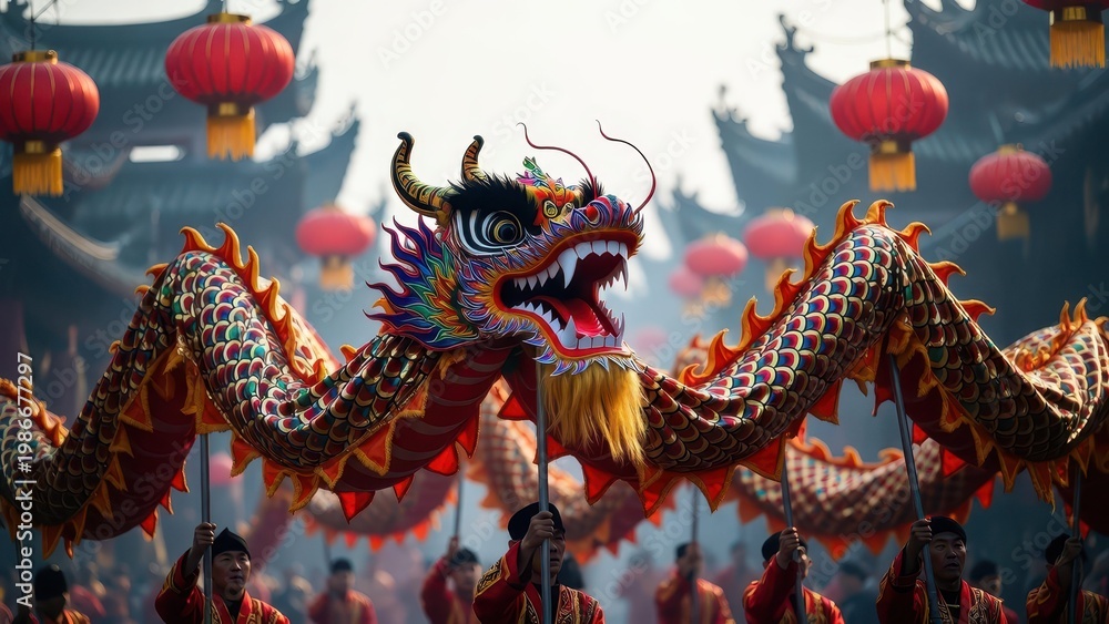 Fototapeta premium Colorful Dragon Dance Performance during Traditional Festival Celebration