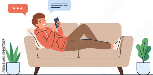 A man is relaxing on a couch indoors, chatting on his phone.