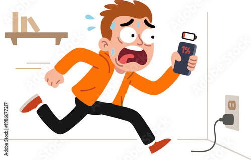 Man runs quickly while holding phone with shocked expression indoors.