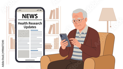 Elderly man reads news on phone at home with newspaper
