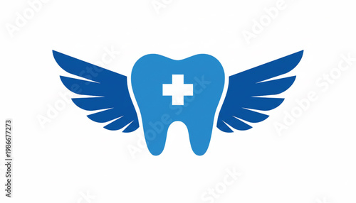 Tooth medical icon with blue wings and a white cross symbol for healthcare, dentistry, and protection concepts