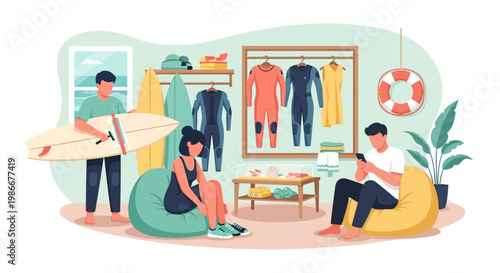 People in a surf shop with surfboards and wetsuits.