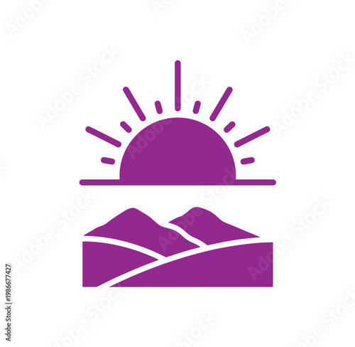 Purple sunrise over mountains landscape icon graphic