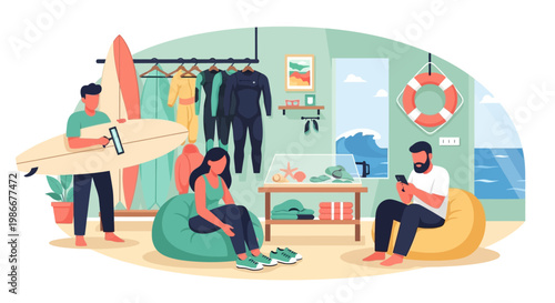 People in a surf shop with surfboards and wetsuits.