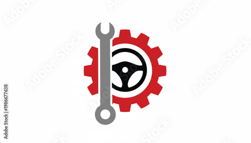 Engine wrench icon with steering wheel and gear symbol for automotive repair and tuning services featuring maintenance, mechanics, mechanical