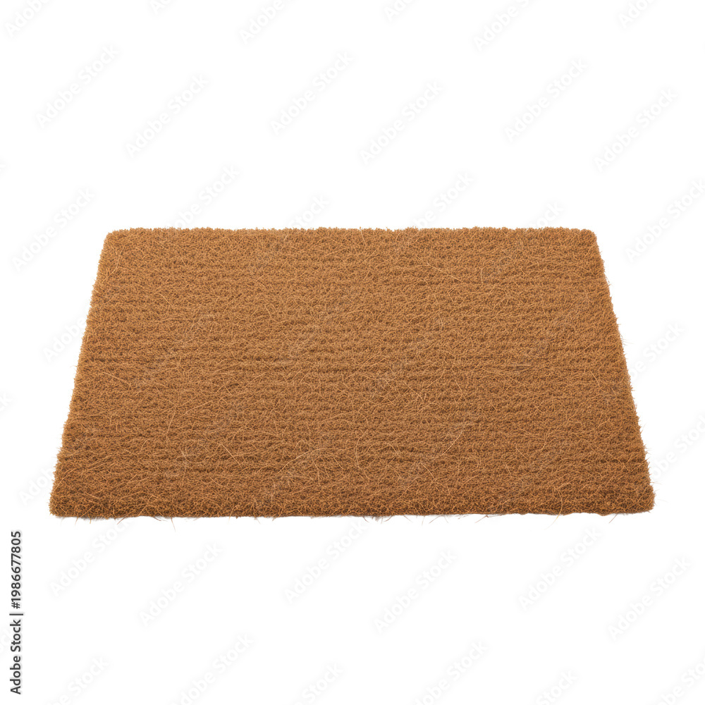 Fototapeta premium Rectangular natural light brown coir doormat with thick woven coconut fiber texture isolated on a transparent studio background, rustic minimalist atmosphere