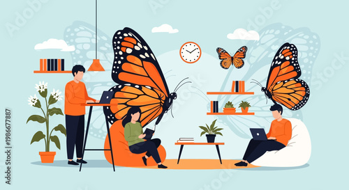 People interacting with giant butterflies in a modern living room.