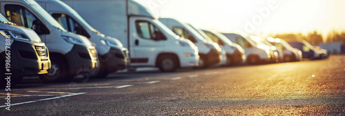 White delivery vans and trucks are parked in a row at an outdoor lot during a beautiful golden sunset