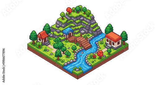 Isometric Pixel Art Landscape with River and Houses.