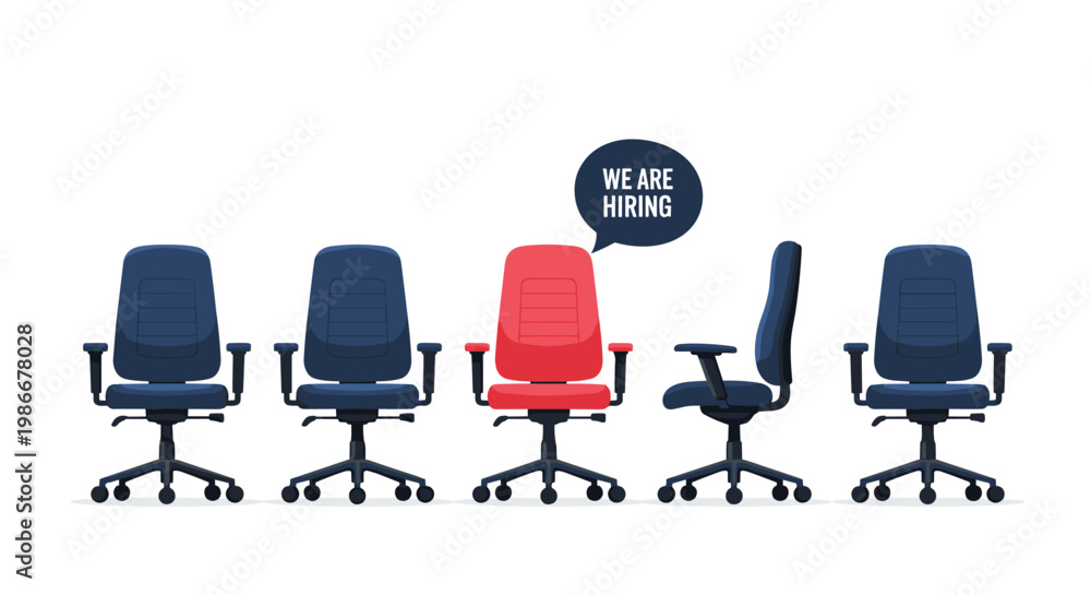 Obraz premium Row of dark blue office chairs features one bright red chair with a hiring speech bubble for recruitment and job openings.