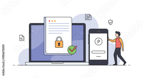 Laptop and mobile phone display security symbols and authentication codes for a two-factor verification or privacy concept.