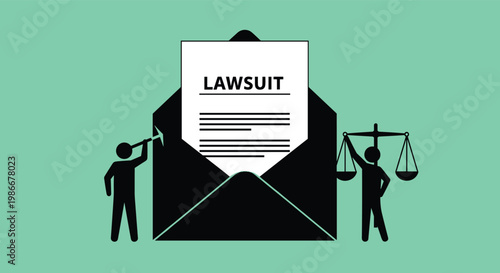 Large envelope contains a lawsuit document with justice scales and a person holding a pickaxe for legal dispute concepts.