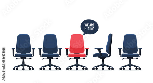 Row of dark blue office chairs features one bright red chair with a hiring speech bubble for recruitment and job openings.
