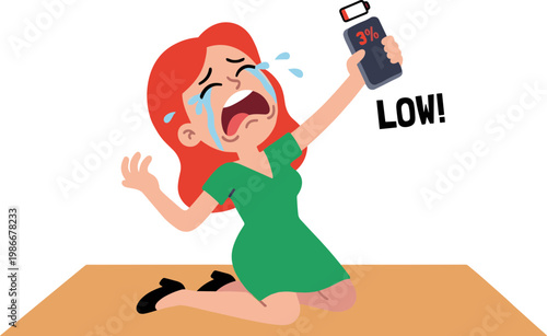 Woman crying dramatically on floor holding phone with low battery