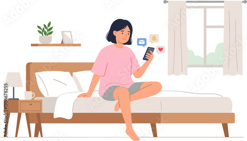 Woman relaxing on bed with phone in modern bedroom interior