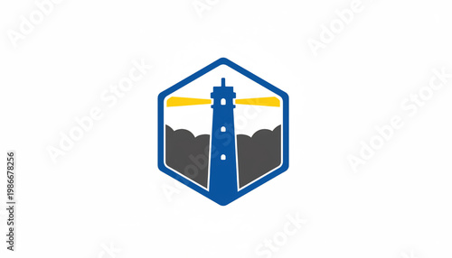 Lighthouse tourism emblem icon with ocean waves, bold hexagon frame, and directional light rays for travel branding