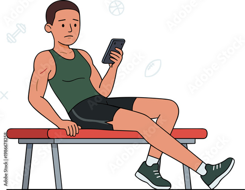 Man sitting on a bench looking at his phone with dumbbells around