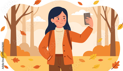 Woman taking a selfie in an autumn forest with trees and leaves