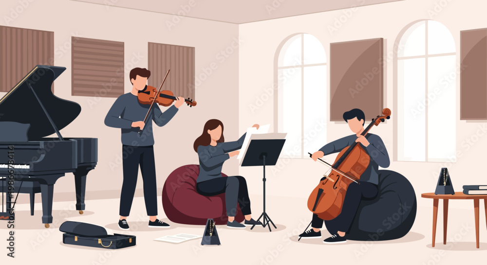 Fototapeta premium Musicians practicing classical music in a studio setting.