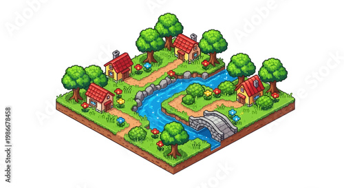Isometric Pixel Art Village Scene with River and Houses.