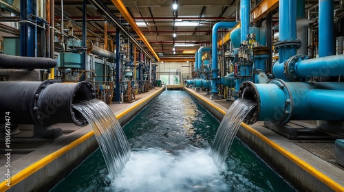 Water cascades from metal pipes into a concrete trench