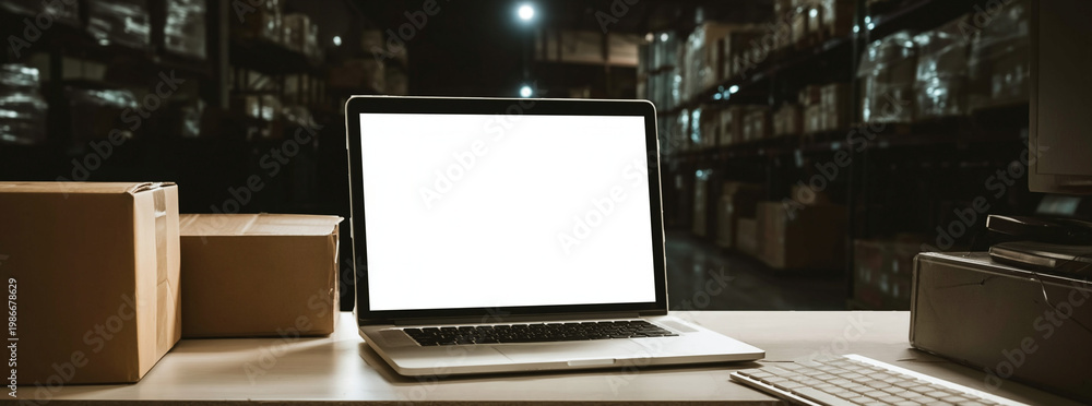 Fototapeta premium Laptop and shipping boxes sit on a desk in a dark warehouse for modern logistics operations