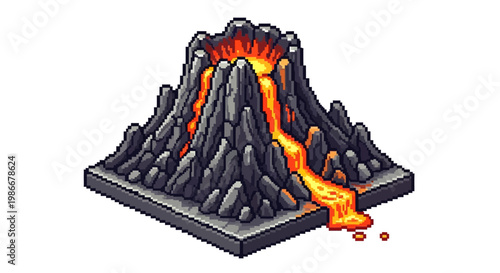 Isometric Pixel Art Volcano Erupting Lava Flow.