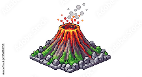Isometric Pixel Art Volcano Erupting With Lava And Smoke.