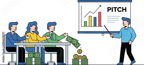 Business Pitch Meeting: Investors Receive Money for Startup Investment