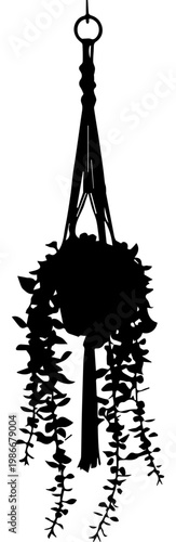 Minimalist Black Silhouette of a Hanging Trailing Houseplant in a Macrame Plant Hanger Isolated on White Background