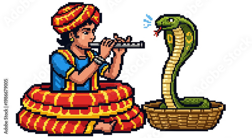 Indian snake charmer playing flute for cobra.