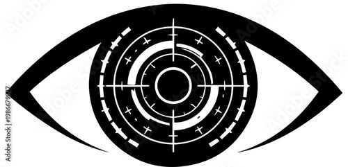 Futuristic Cybernetic Eye Vector Illustration with Digital HUD Interface for Security and Technology Concepts