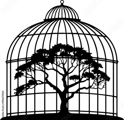 Conceptual Vector Silhouette of a Tree Trapped Inside a Birdcage for Environmental Protection and Nature Captivity Themes