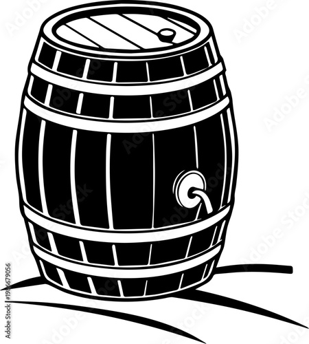 Wooden Wine Barrel with Spigot Vector Illustration Black and White Stencil Art for Brewery and Winery