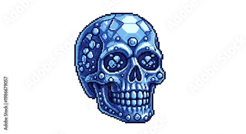 Intricate Blue Crystal Skull with Bubbles and Geometric Patterns.