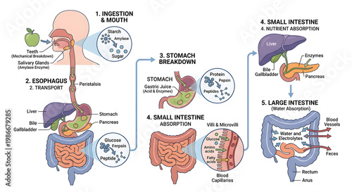 Human Digestive System Process and Anatomy Infographic
