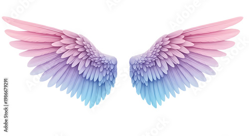 Pair Of Delicate Pastel Colored Angel Wings With Soft Gradient Of Pink Blue And Purple Hue isolated On transparent Background