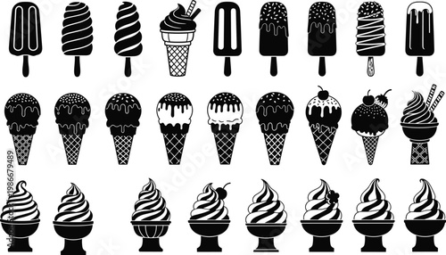 Collection of ice cream desserts in cones and popsicles.