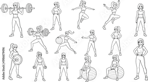 Set of women exercising with weights and barbells on a transparent background.