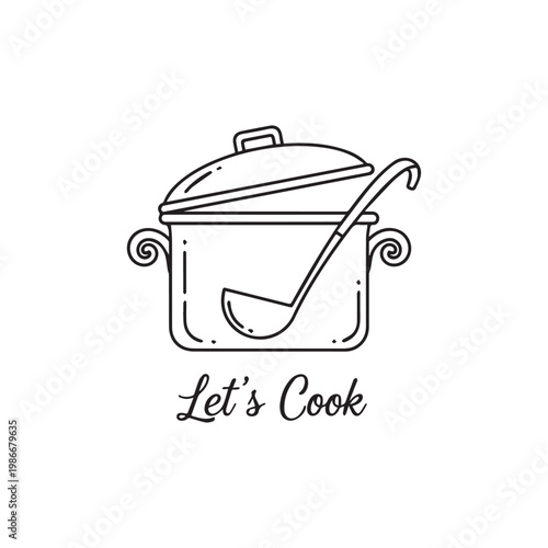 Line art cooking pot with ladle and lets cook text culinary cookware