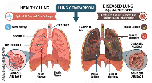 Healthy vs Diseased Lung Anatomy Comparison Infographic