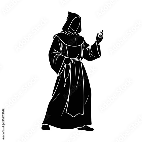 A clergyman in traditional monastic robe clothes stands calmly in a sacred place, the concept of spiritual devotion and tranquility