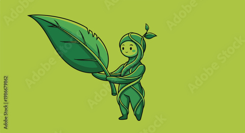 A green-clad figure happily holds a large leaf in a natural setting.